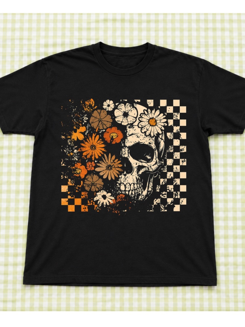 Gildan Black Skull Floral Graphic T-Shirt, Casual Style for Unisex